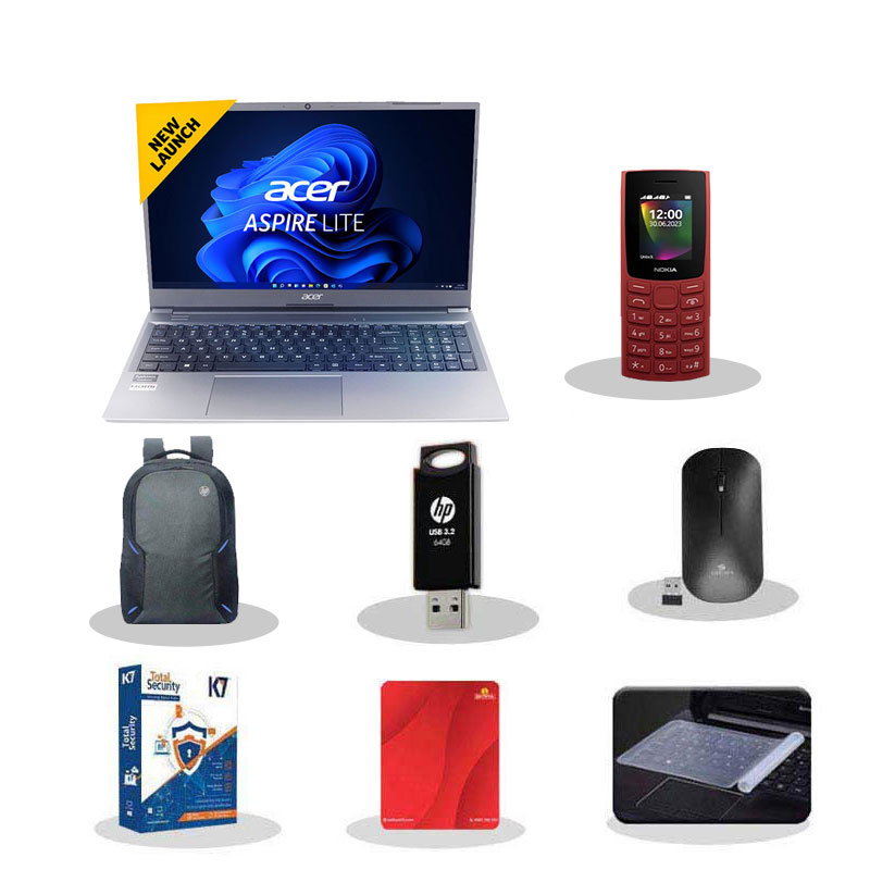 Picture of Acer Aspire Lite - 12th Gen Intel Core i5-1235U 15.6"  (39.62cm) AL15-52 Thin & Light Laptop (16GB/ 512GB SSD/ Full HD Display/ Windows 11 Home / 1Year Warranty / Steel Gray / 1.6Kg) with Nokia 106 Keypad Phone + Laptop Bag + K7 Antivirus + Wireless Mouse + Mouse Pad + Pendrive + Laptop Key Skin